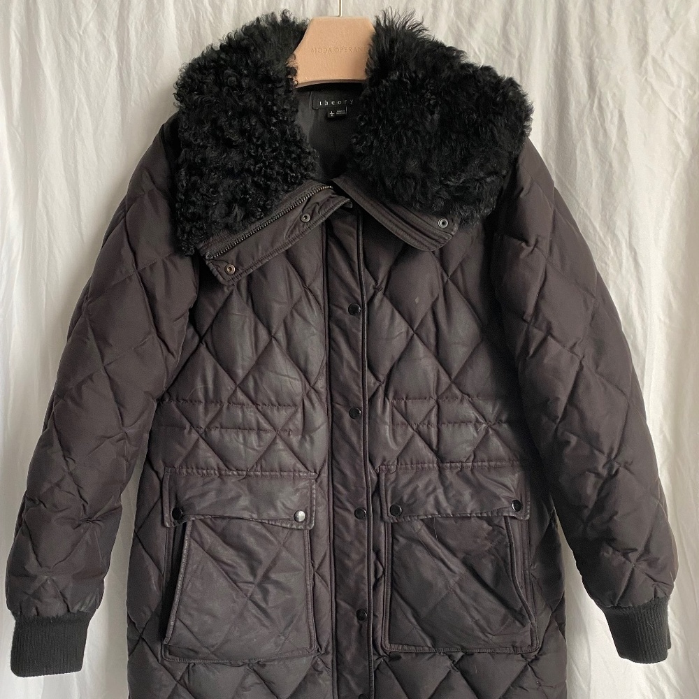 Theory Womens Black Fur-Trim Collar Coat